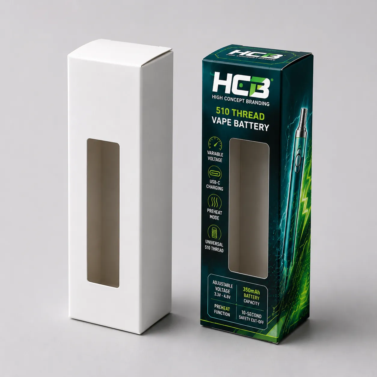 Custom printed tuck top cardboard vape battery boxes featuring a vertical clear window and product graphics. class=
